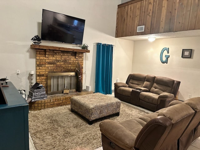 living room with a fireplace