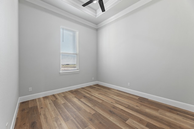 unfurnished room with ceiling fan, hardwood / wood-style flooring, and ornamental molding