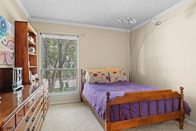 carpeted bedroom with a textured ceiling and ornamental molding