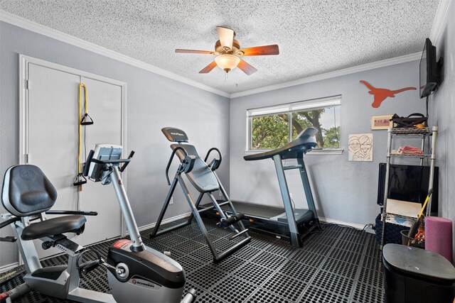 exercise area with ceiling fan, a textured ceiling, and ornamental molding