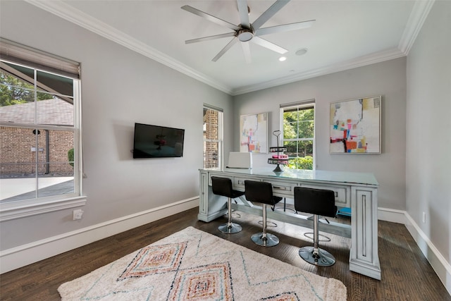 office featuring ornamental molding, baseboards, and wood finished floors