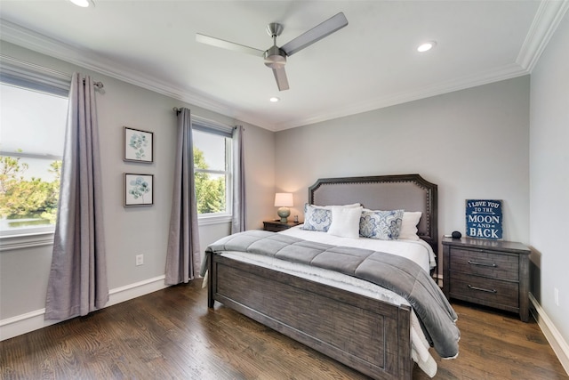 bedroom featuring recessed lighting, crown molding, baseboards, and wood finished floors