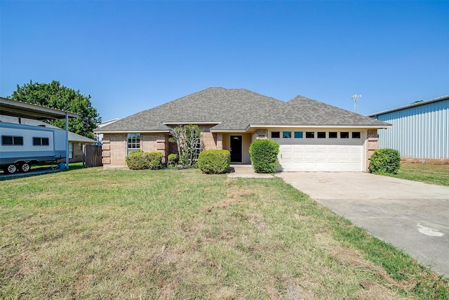 view of front of property featuring an attached garage, a shingled roof, concrete driveway, and a front yard