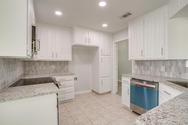 kitchen featuring light tile patterned floors, visible vents, white cabinetry, light stone countertops, and dishwasher