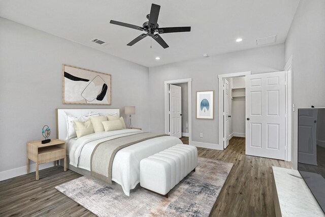 bedroom featuring a spacious closet, a closet, ceiling fan, and hardwood / wood-style flooring