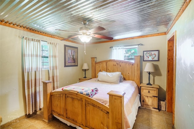 bedroom with crown molding, ceiling fan, and wooden ceiling