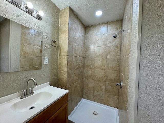 bathroom featuring a textured ceiling, a tile shower, and vanity