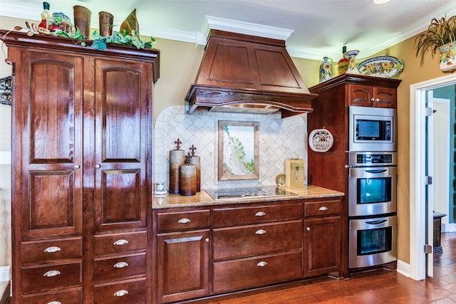 kitchen featuring dark hardwood / wood-style floors, premium range hood, tasteful backsplash, appliances with stainless steel finishes, and light stone countertops