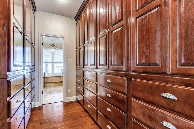 walk in closet with dark wood-type flooring