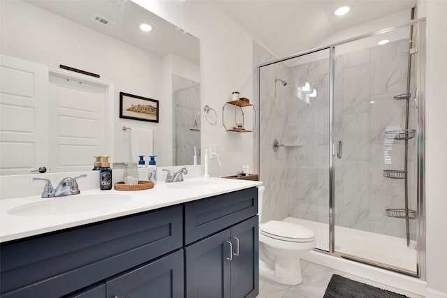 bathroom with a shower with door, toilet, tile patterned flooring, and vanity