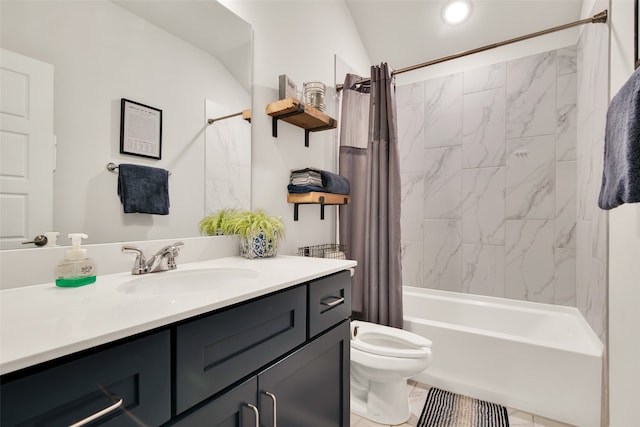 full bathroom with shower / tub combo with curtain, vaulted ceiling, vanity, tile patterned flooring, and toilet