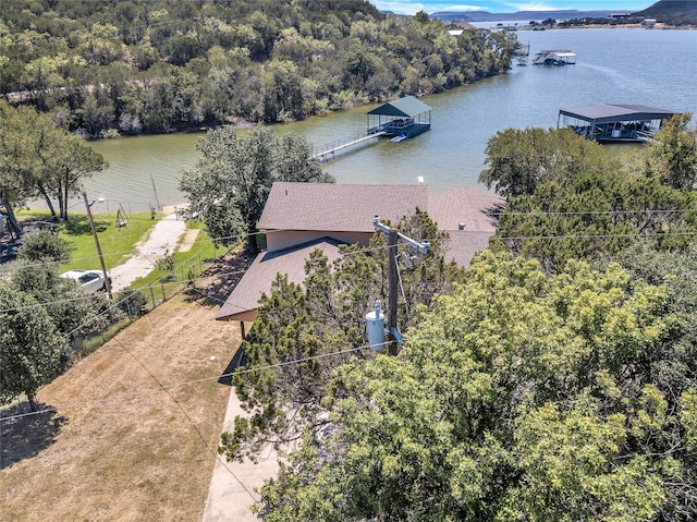 drone / aerial view with a water view