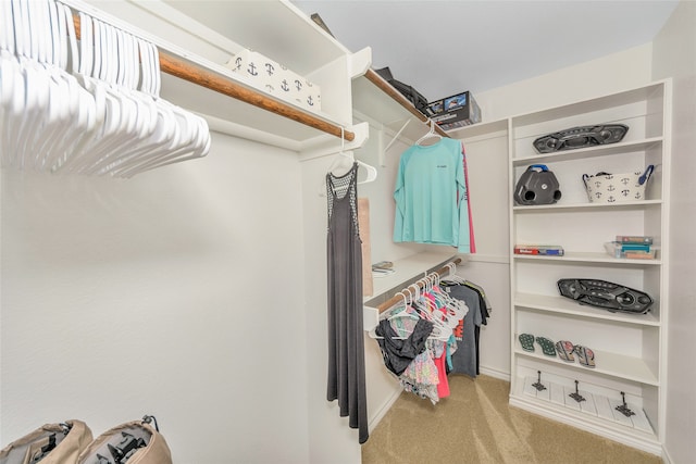 spacious closet featuring light colored carpet