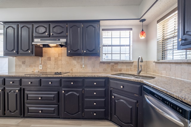 kitchen with tasteful backsplash, dishwasher, exhaust hood, sink, and decorative light fixtures