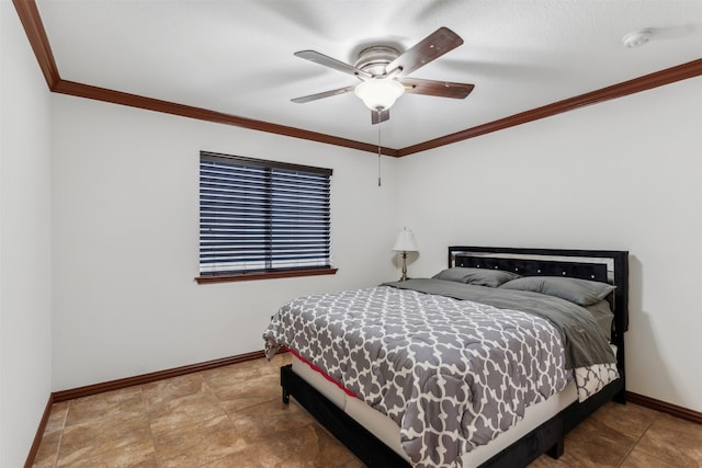 tiled bedroom with ceiling fan and crown molding