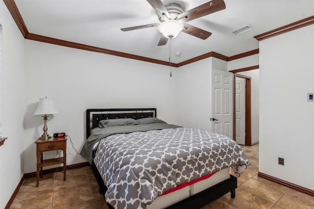 tiled bedroom featuring ceiling fan and ornamental molding