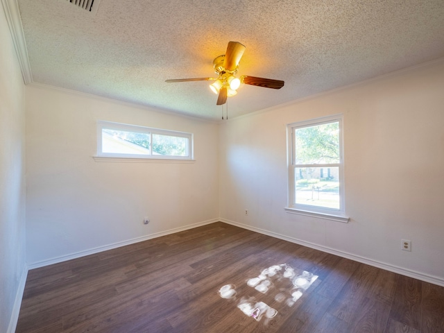 unfurnished room with dark hardwood / wood-style flooring, a textured ceiling, ceiling fan, and crown molding