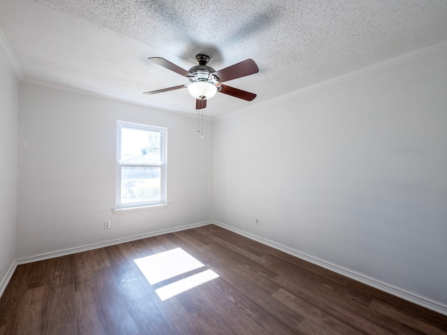 empty room with ceiling fan, a textured ceiling, and dark hardwood / wood-style floors