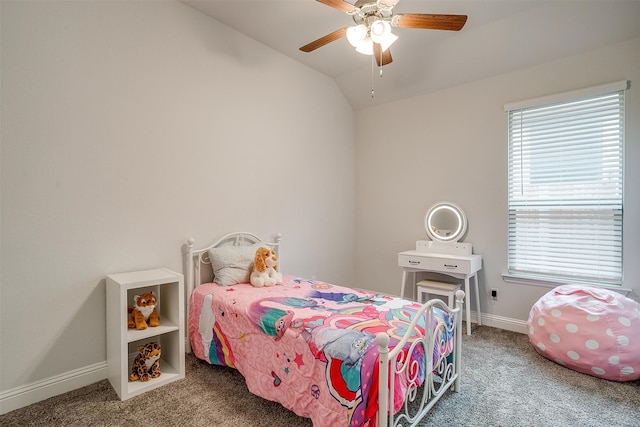 bedroom featuring ceiling fan, lofted ceiling, and carpet flooring