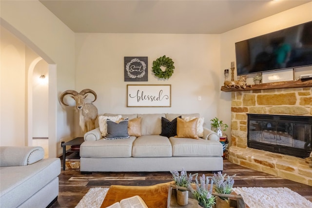 living room featuring dark hardwood / wood-style floors and a fireplace