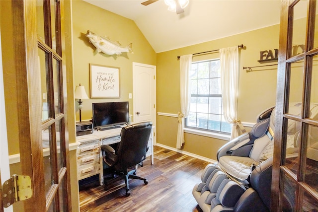 office featuring hardwood / wood-style floors, a wealth of natural light, ceiling fan, and lofted ceiling