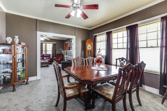 dining space with carpet, a textured ceiling, ceiling fan, and crown molding