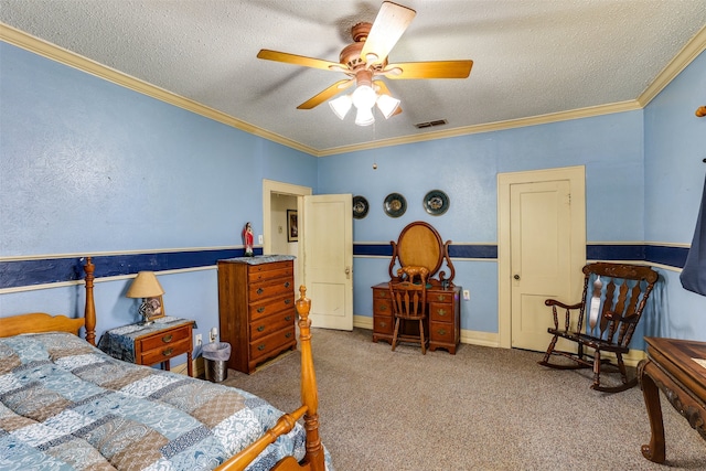 carpeted bedroom featuring ceiling fan, a textured ceiling, and ornamental molding