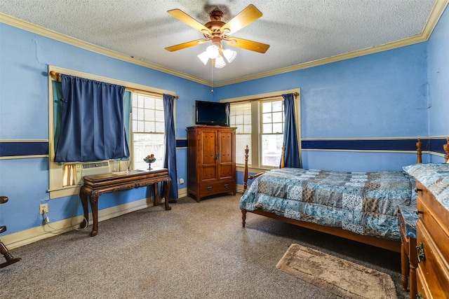 carpeted bedroom with multiple windows, a textured ceiling, crown molding, and ceiling fan