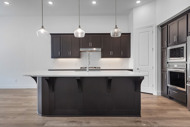 kitchen with appliances with stainless steel finishes, dark brown cabinets, tasteful backsplash, light wood-type flooring, and a kitchen island with sink