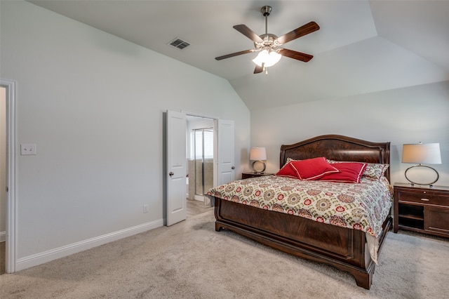 bedroom with light carpet, lofted ceiling, and ceiling fan