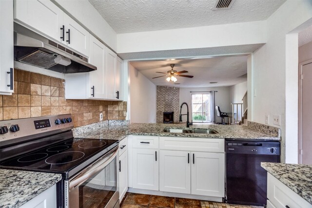 kitchen with ceiling fan, decorative backsplash, stainless steel electric range, sink, and black dishwasher