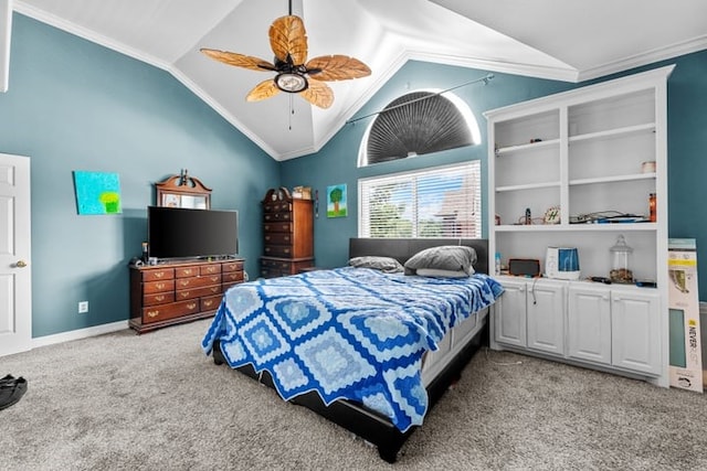 carpeted bedroom with lofted ceiling, ceiling fan, and crown molding