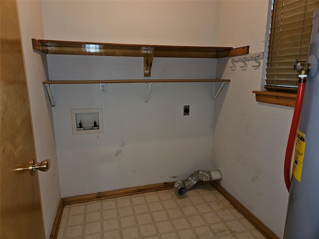 laundry room featuring electric dryer hookup, water heater, and washer hookup