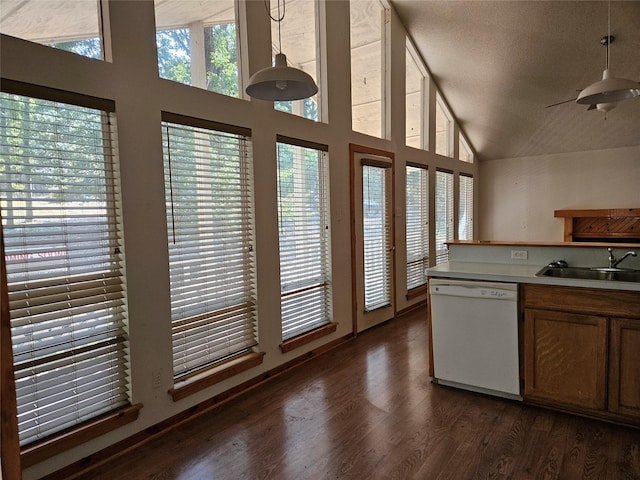 kitchen featuring white dishwasher, high vaulted ceiling, dark hardwood / wood-style flooring, and sink