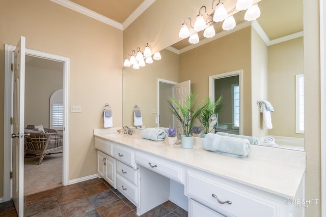 bathroom with crown molding, vanity, and tile patterned floors