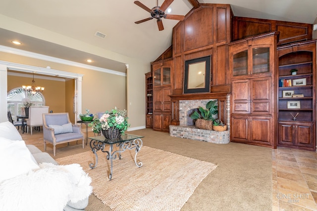 living room with a fireplace, lofted ceiling, ceiling fan with notable chandelier, and light colored carpet