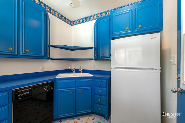 kitchen with sink, blue cabinets, white refrigerator, and dishwasher