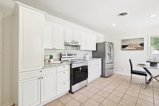 kitchen featuring stainless steel fridge with ice dispenser, light tile patterned floors, electric range, tasteful backsplash, and white cabinetry