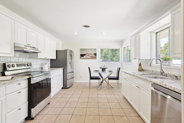 kitchen with under cabinet range hood, a sink, visible vents, white cabinetry, and appliances with stainless steel finishes