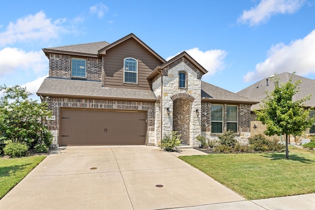 french country inspired facade featuring roof with shingles, an attached garage, stone siding, driveway, and a front lawn