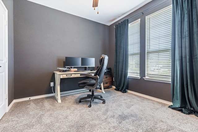 office area featuring carpet flooring and ceiling fan