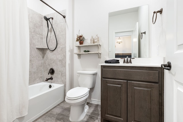 full bath with vanity, shower / bath combination with curtain, toilet, and baseboards