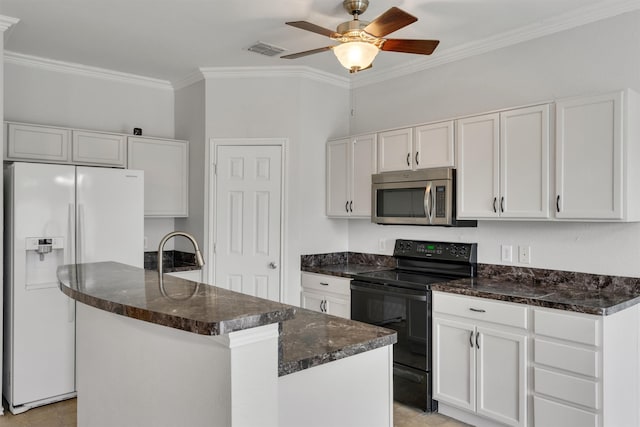 kitchen featuring white cabinetry, black electric range, white refrigerator with ice dispenser, crown molding, and a center island with sink