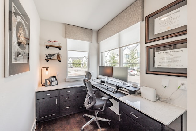 office area featuring built in desk and dark hardwood / wood-style flooring