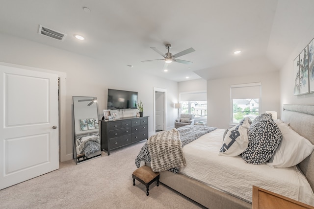 bedroom featuring ceiling fan, carpet, and lofted ceiling