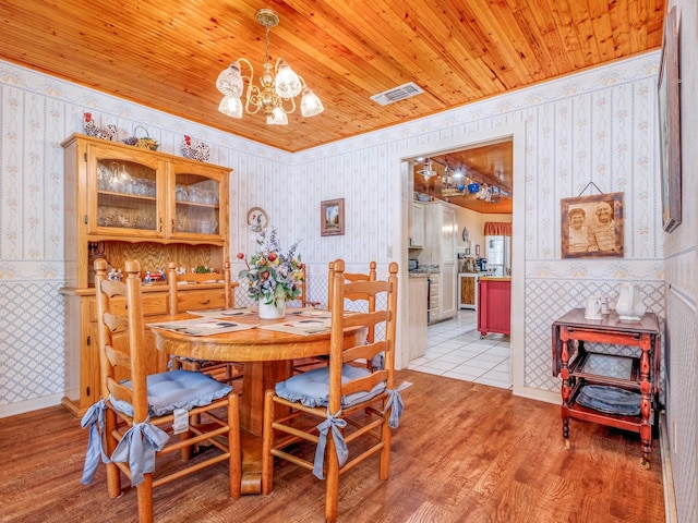 dining area with a chandelier, wooden ceiling, light wood-style flooring, visible vents, and wallpapered walls