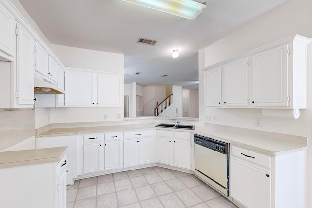 kitchen with sink, white cabinets, dishwasher, and light tile patterned floors