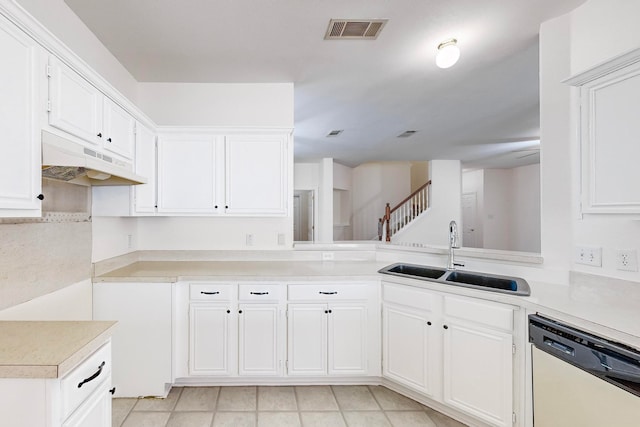 kitchen featuring white cabinets, dishwasher, sink, kitchen peninsula, and light tile patterned flooring