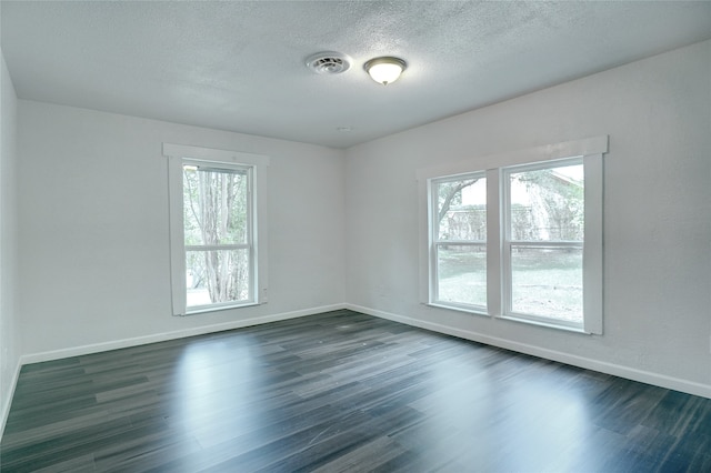 unfurnished room with dark wood-type flooring, a textured ceiling, and a healthy amount of sunlight