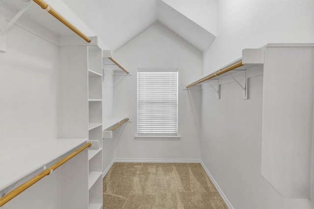 spacious closet with vaulted ceiling and light carpet